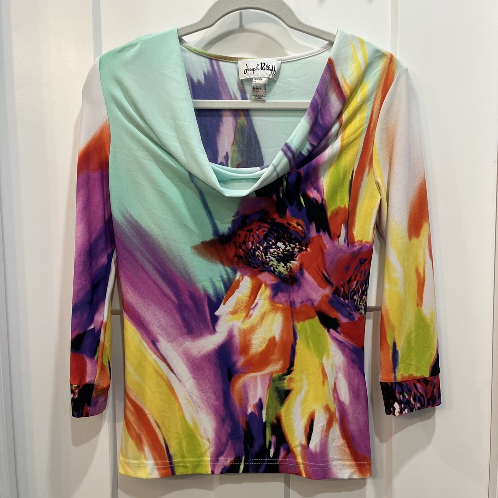 JOSEPH RIBKOFF Blouse Women's Size 2 Top Long Sleeve Drape Neckline Thin Flowers